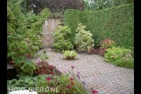 Groene tuin met kleurrijke beplanting en bestrating van koppelstenen 1